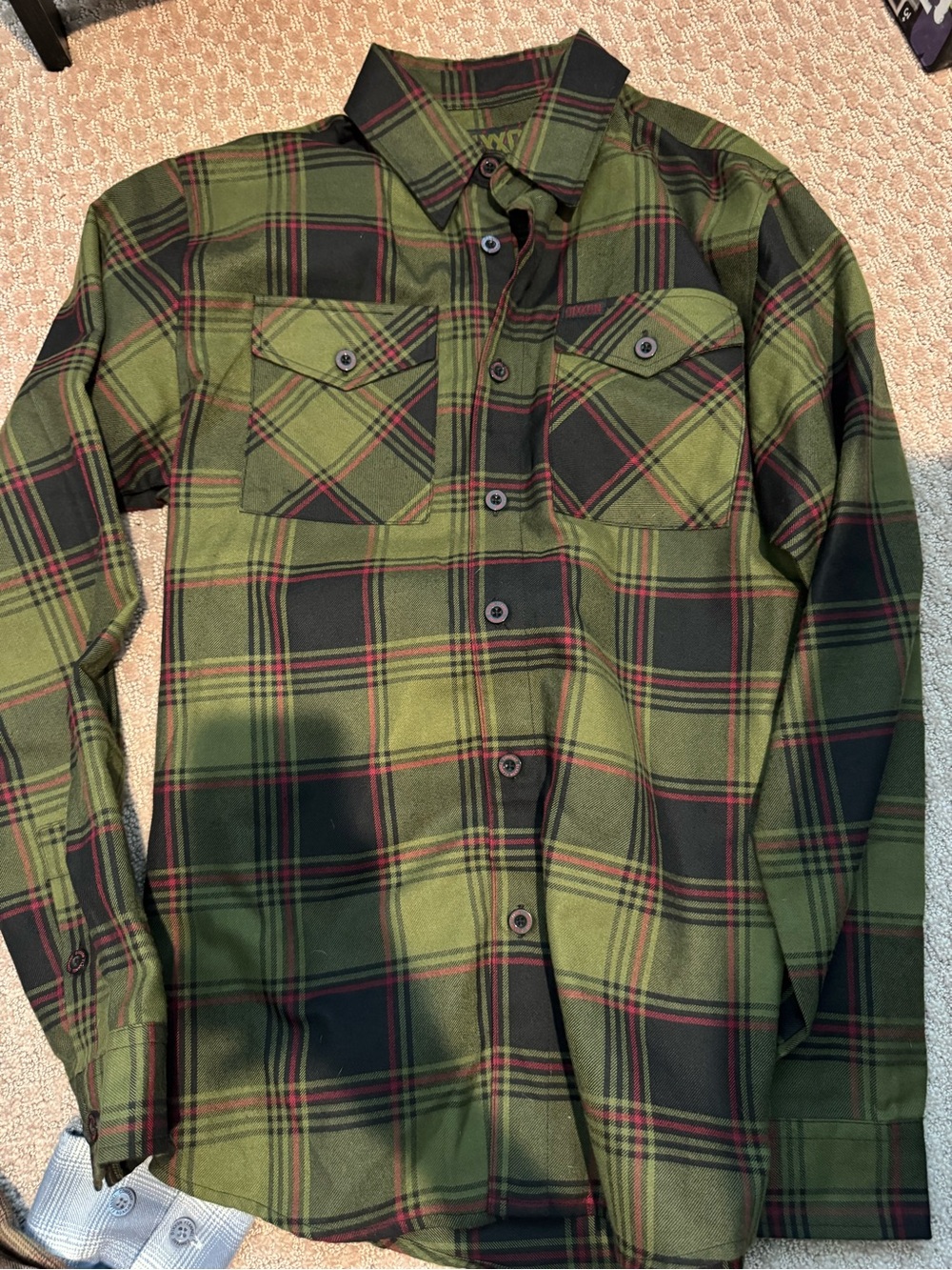 DIXXON Olive Green Plaid Button-Down Shirt with Black & Red Accents